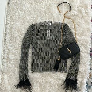 Steve Madden Charlize Black Mesh Rhinestone Feather Longsleeve Top M